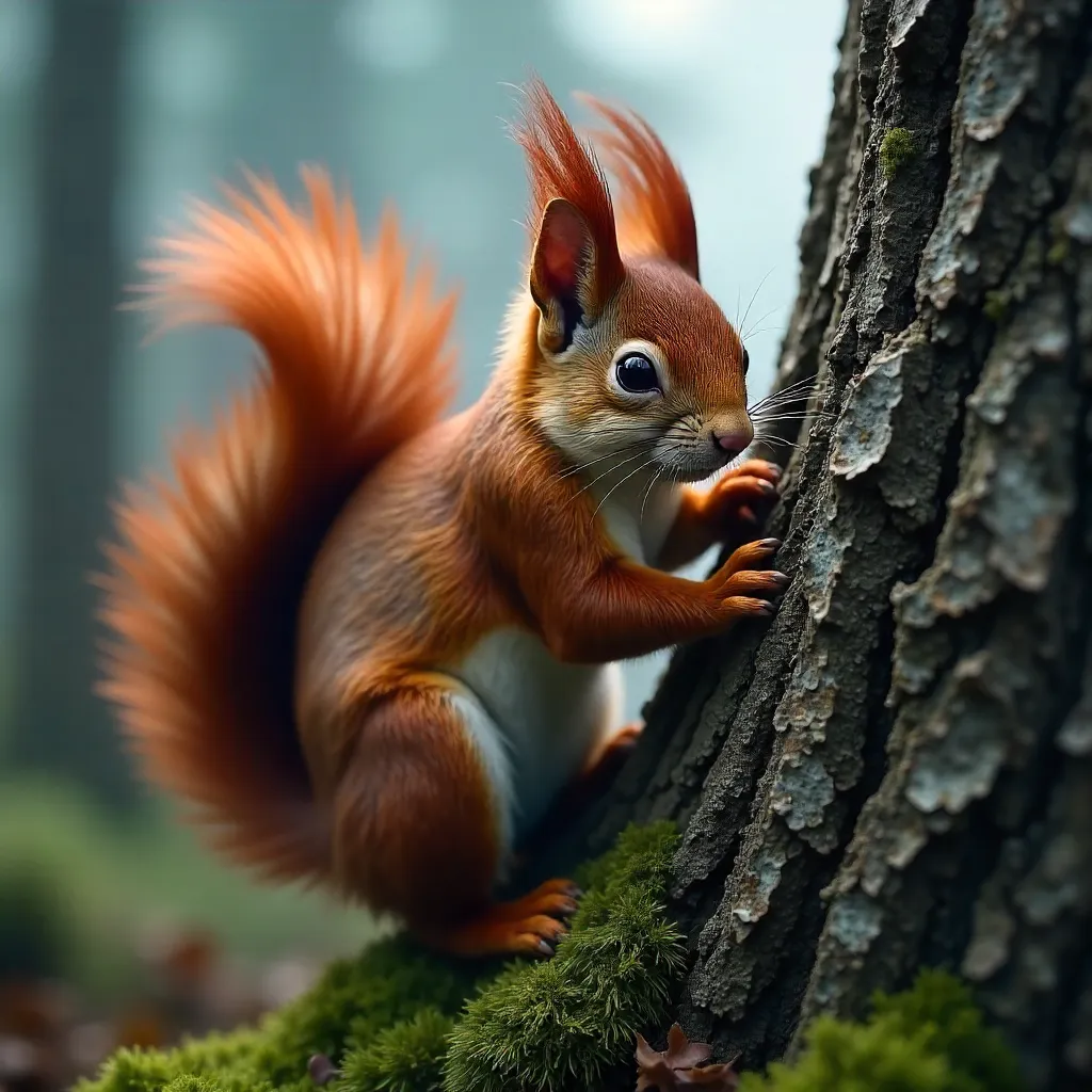 Foggy Forest Squirrel on a Trunk