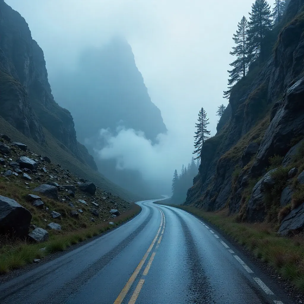 Mist-Wreathed Road Through Rugged Peaks
