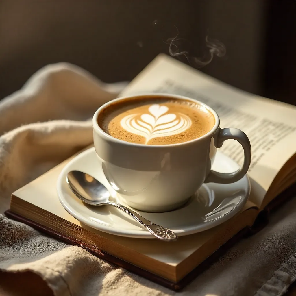Cozy Latte, Open Book, Floral Spoon Still Life