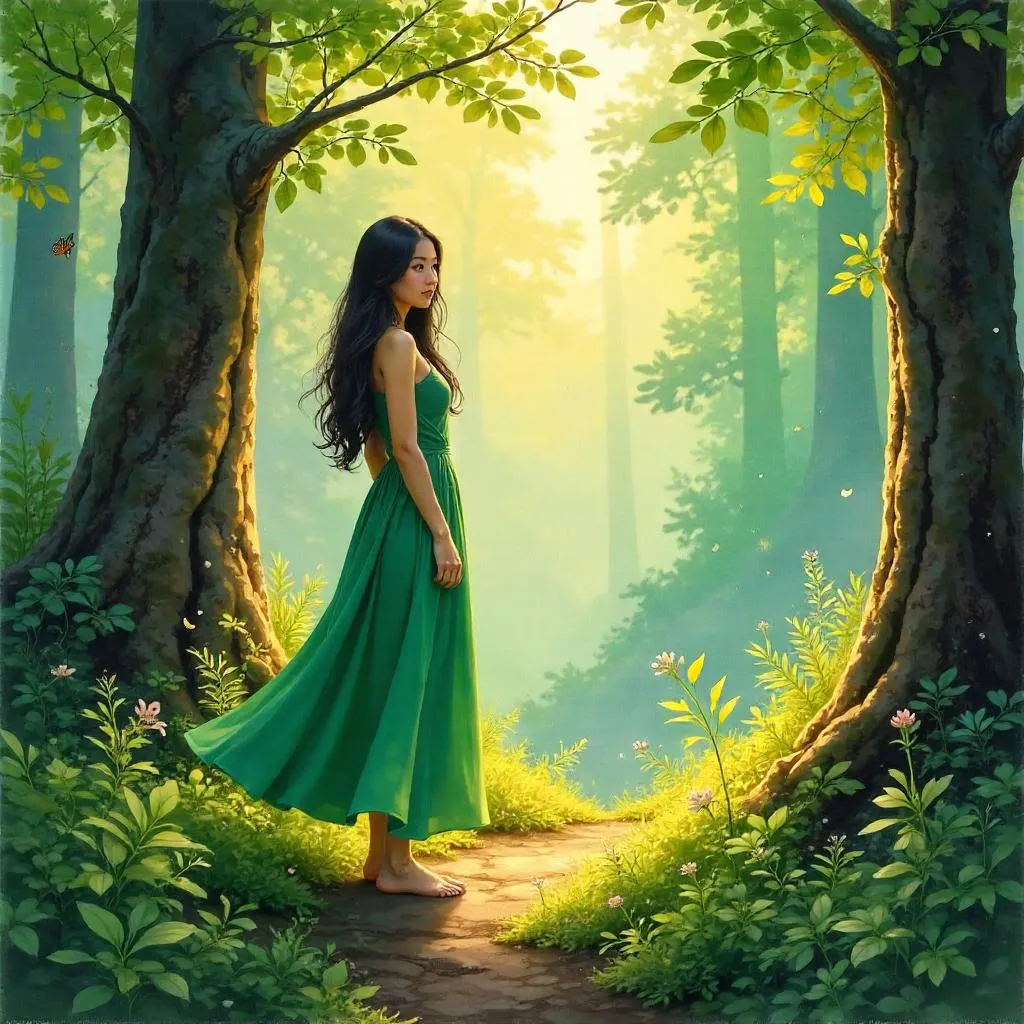 Confident Asian Woman in a Watercolor Forest