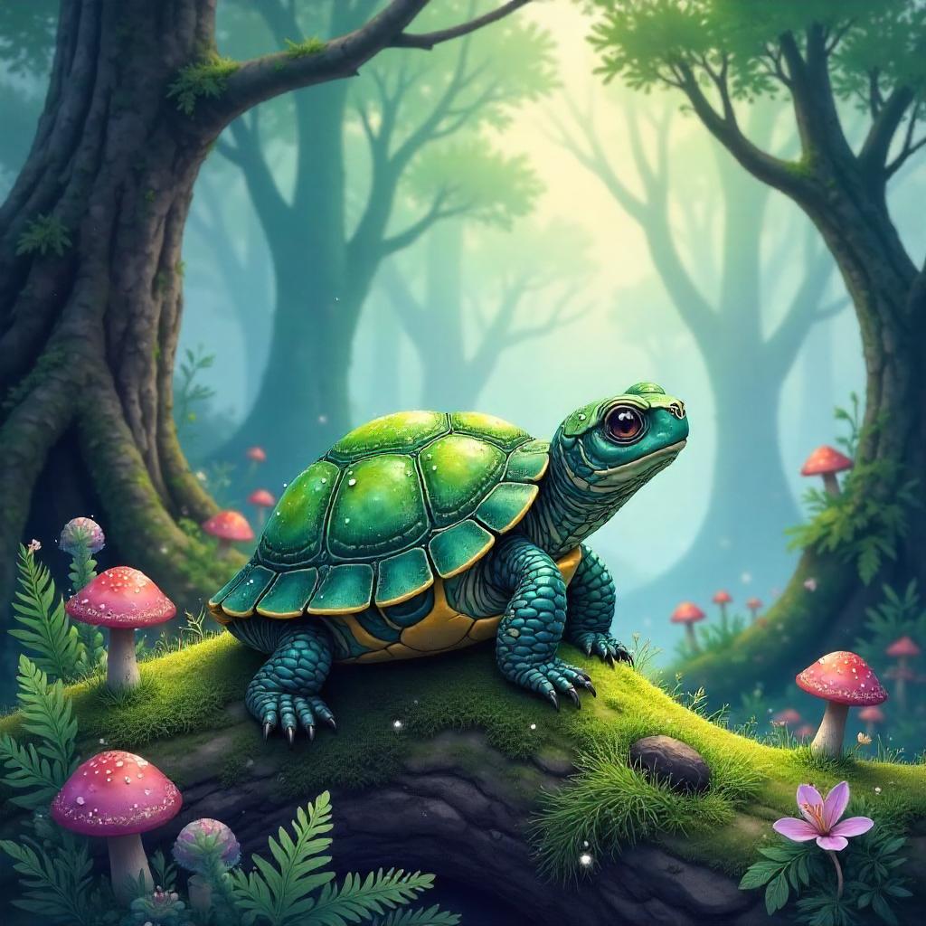 Mystical Forest Turtle in Watercolor