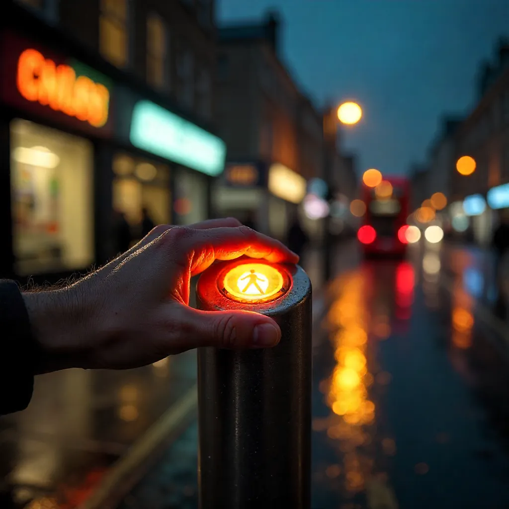 Close-Up of a London Night Crosswalk Button