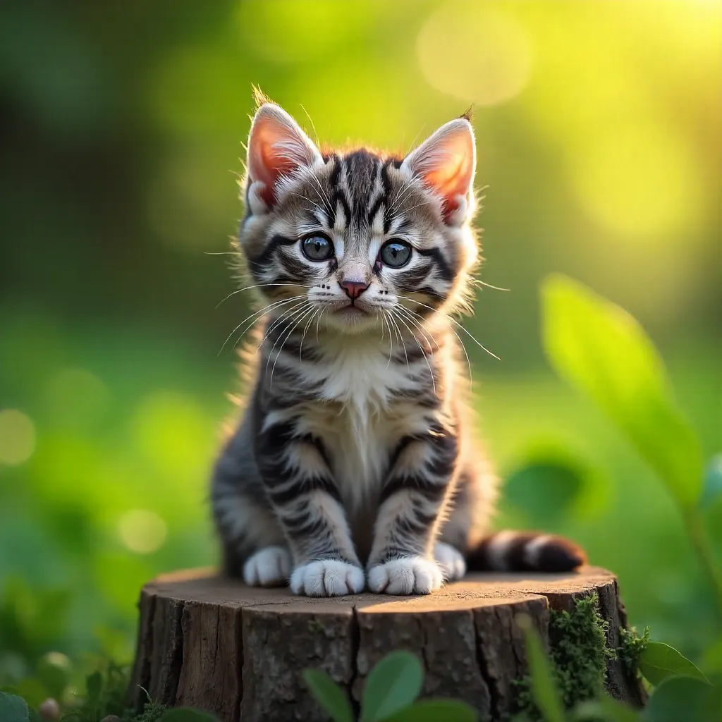 Cute Gray and White Kitten on a Wooden Stump in Green Foliage