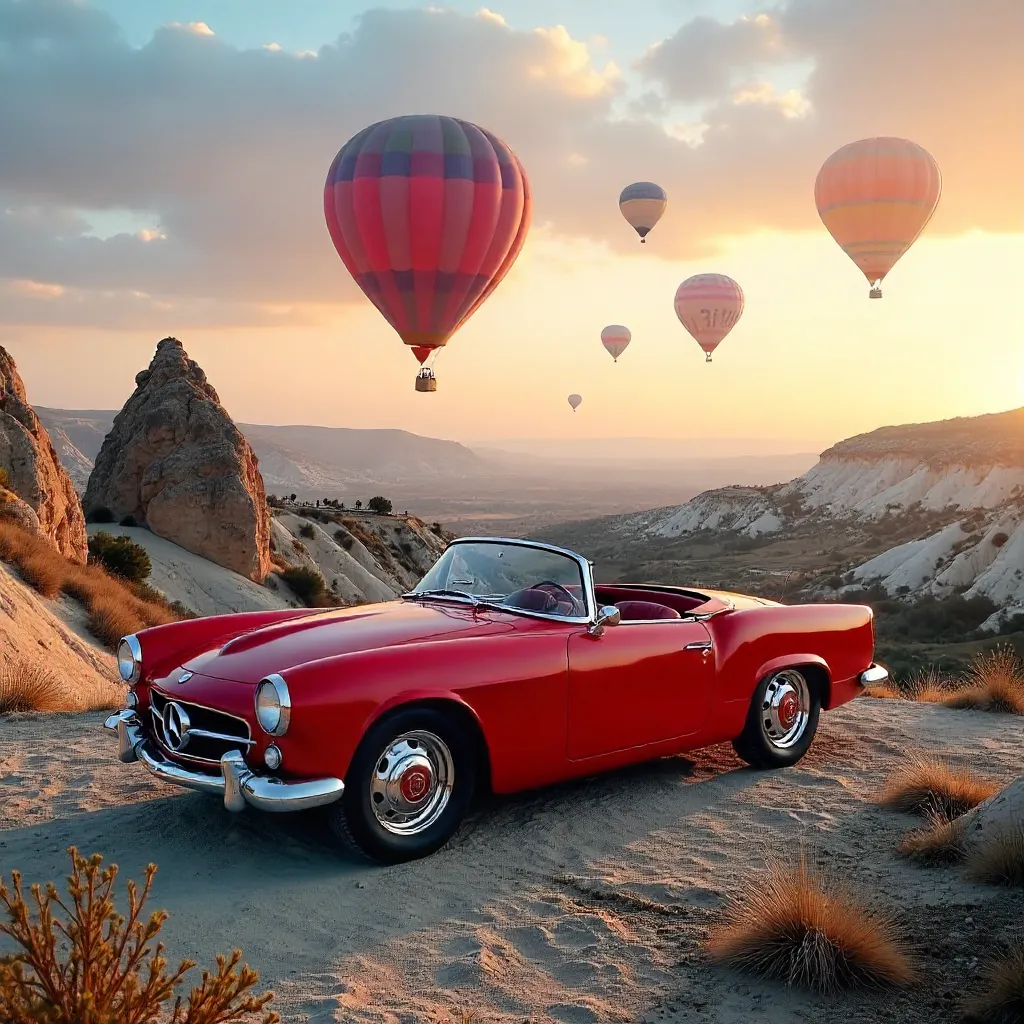 Classic Car and Balloons at Cappadocia Sunrise