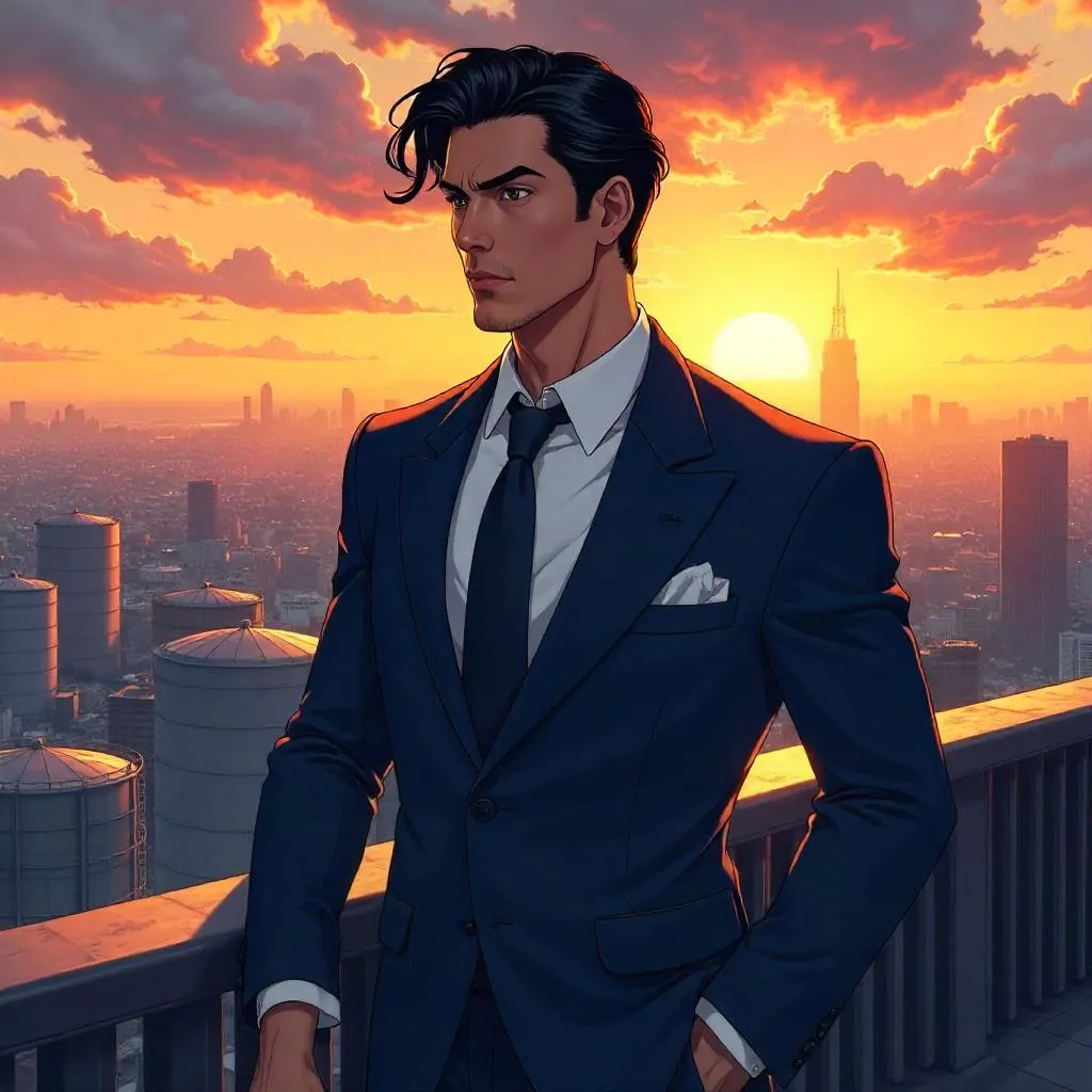 Elegant Latino Man on a Rooftop (Anime Style)