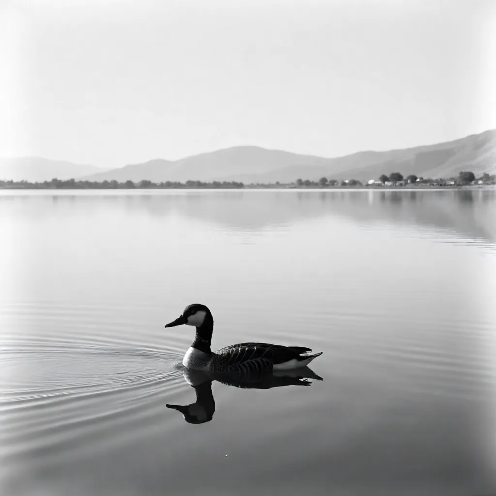 Black and white duck gliding on calm water near San Luis Potosí