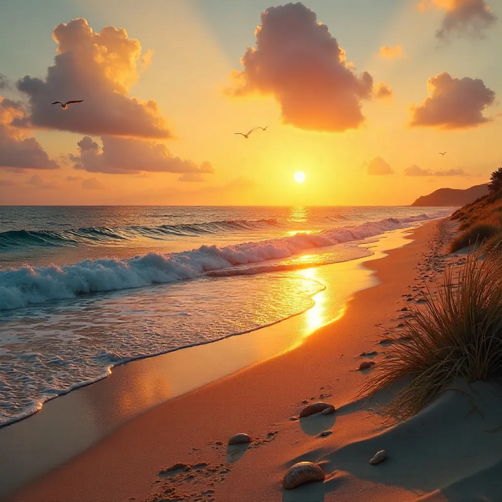 Golden Sunset on a Tranquil Ocean Shore