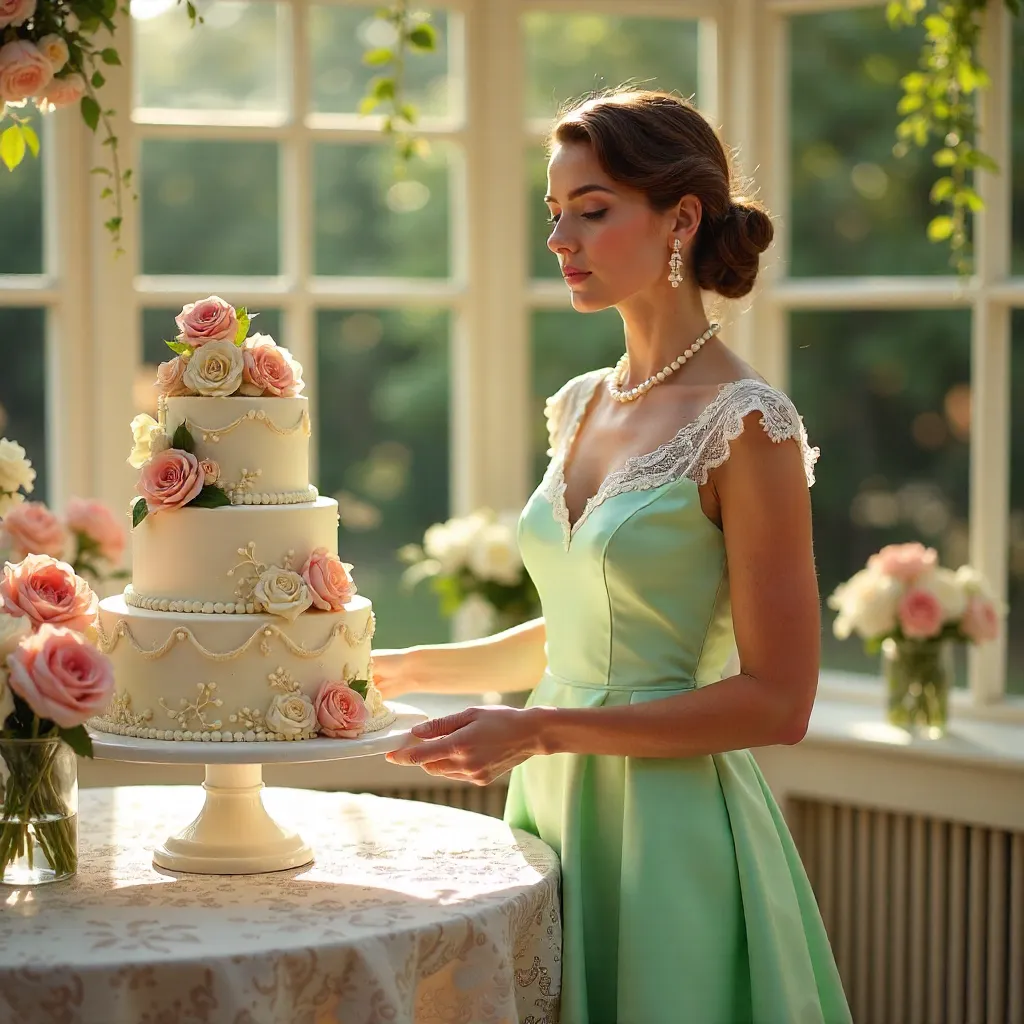 Vintage Dress Celebration with Cake and Flowers