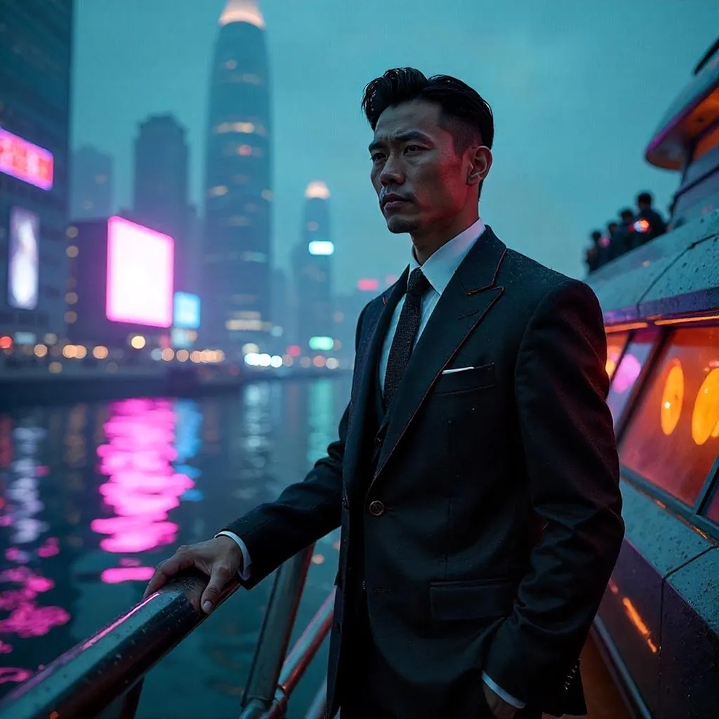 Neon Tide: Elegant Asian Gentleman on a Cyberpunk Boat