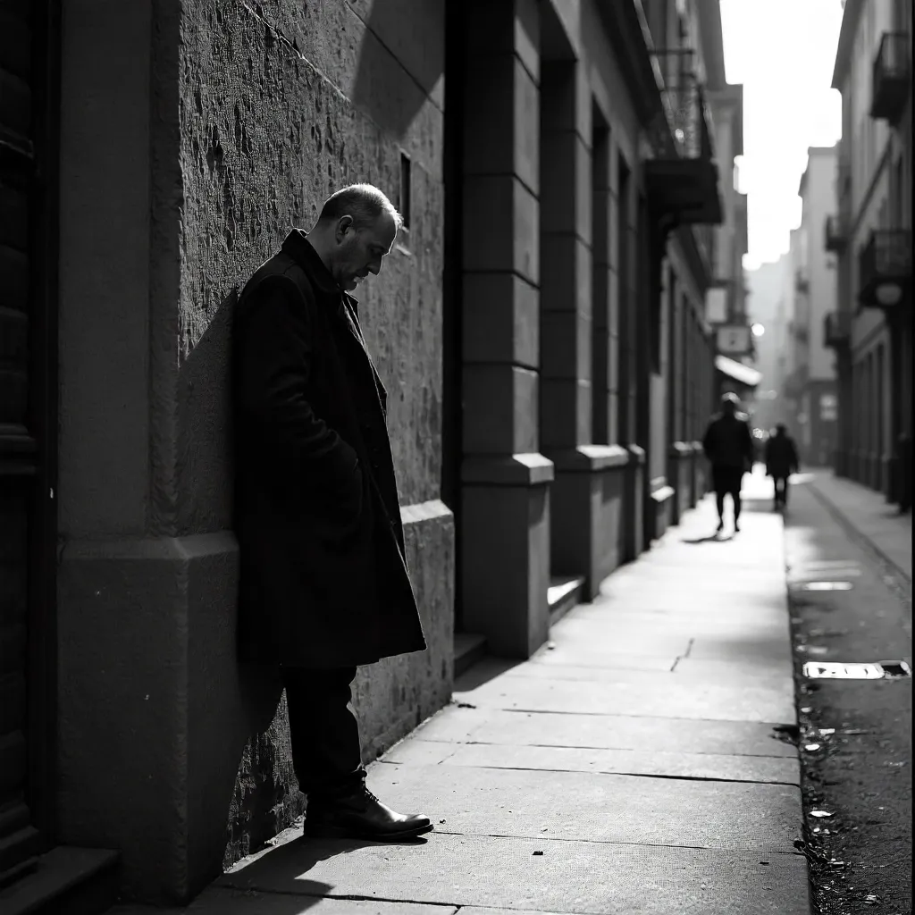 Pensive Man Leaning Against a Wall in B&W