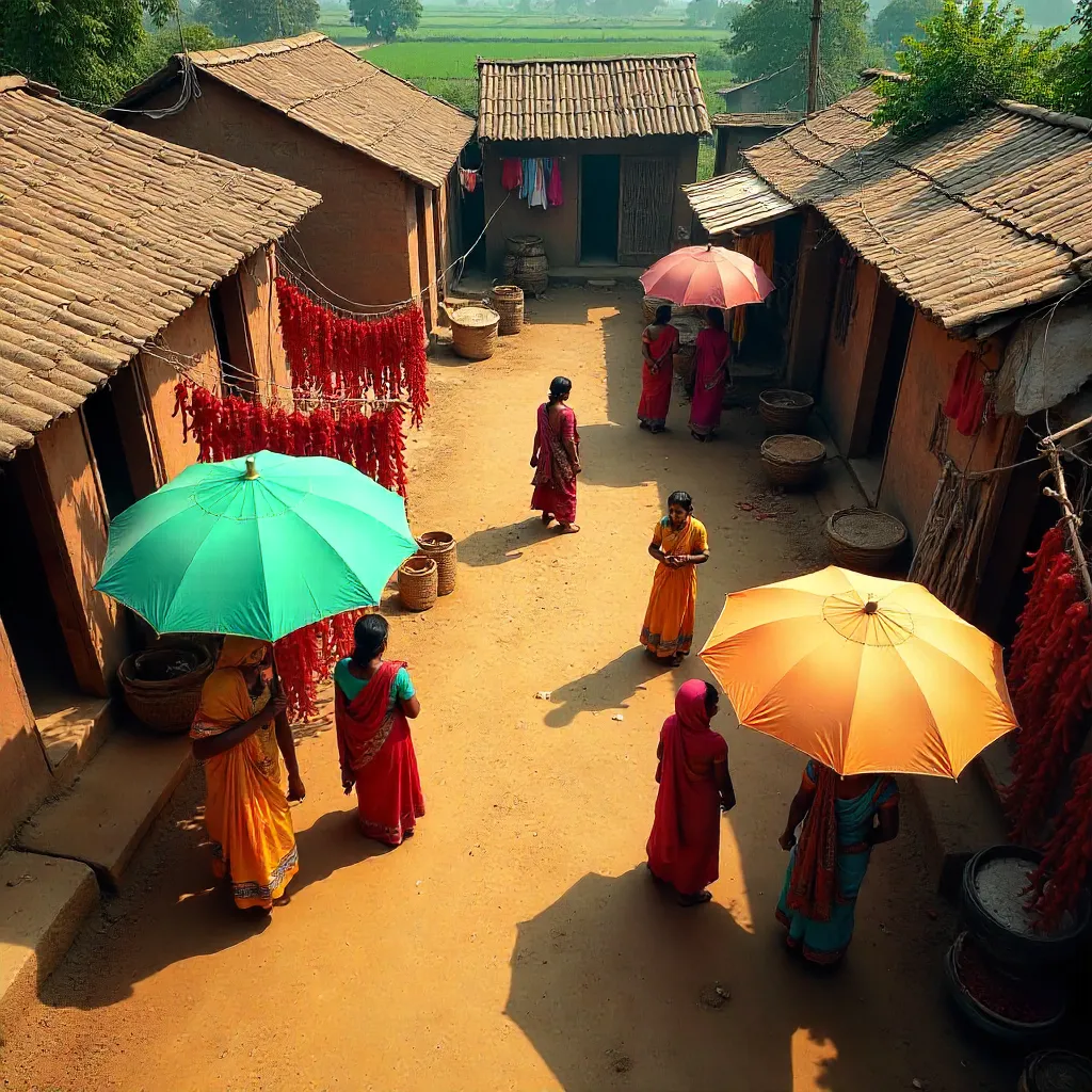 Aerial View: Women Drying Red Chilies in Bengal
