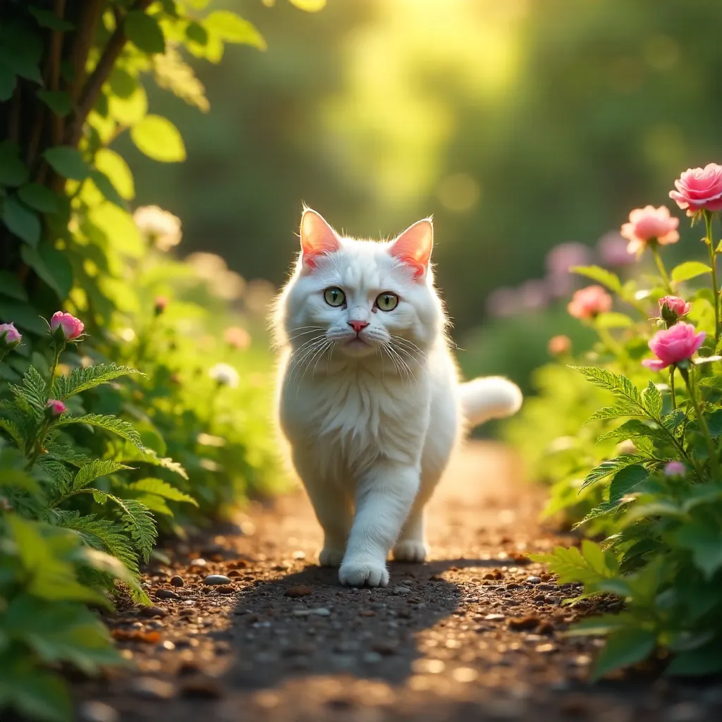 Sunlit White Cat on a Garden Path