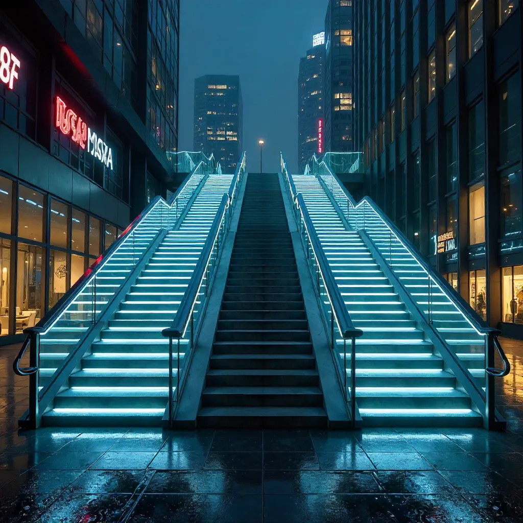 Symmetric Neon Staircase in Night Cityscape