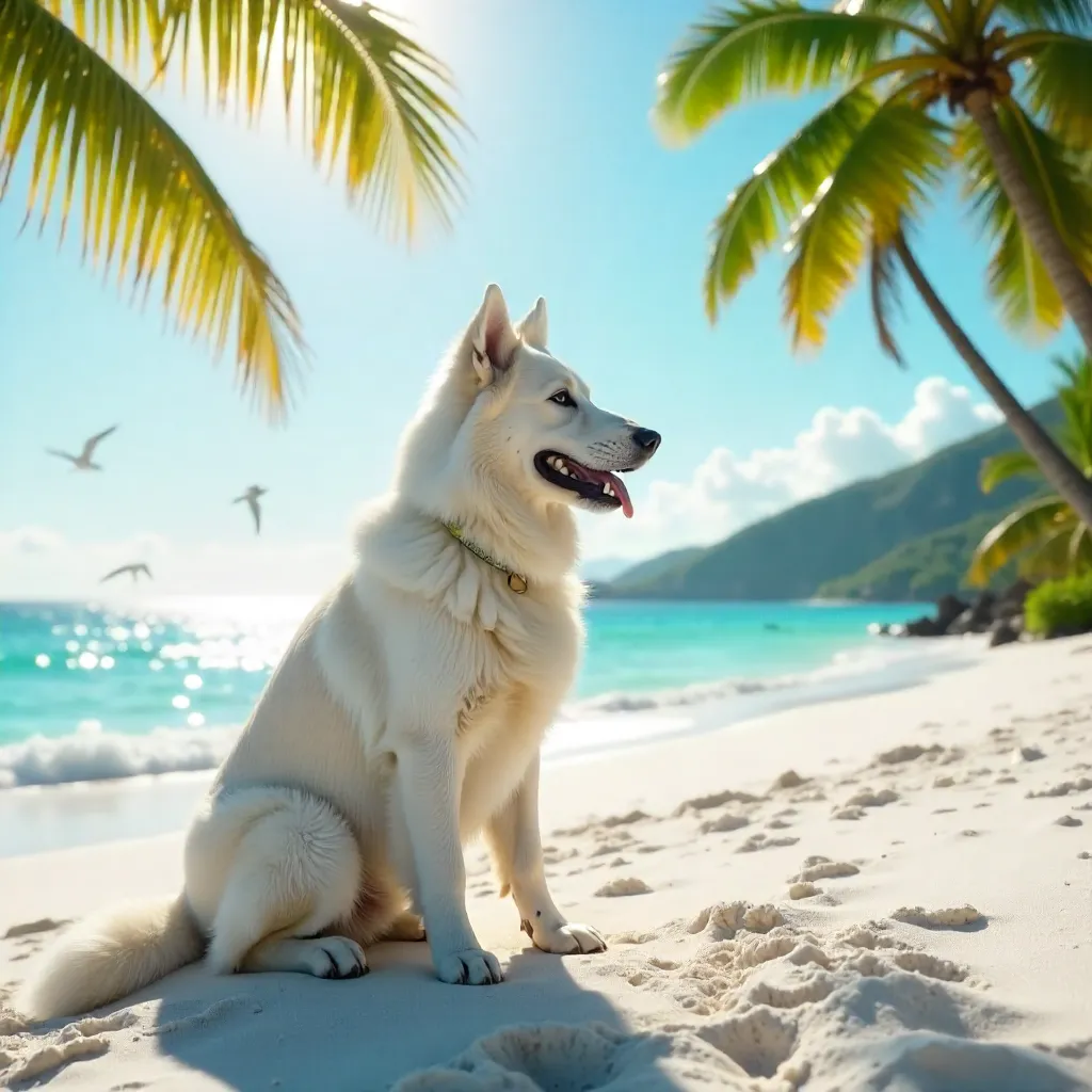 White Shepherd on a Turquoise Tropical Beach
