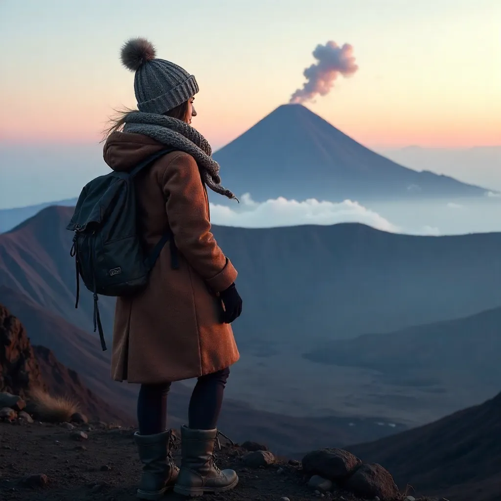 Warm-Clad Woman Before Misty Mount Bromo
