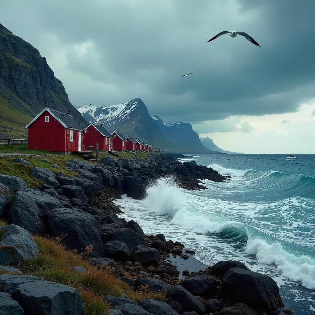 Red Huts on Nordland Coast Under Moody Skies