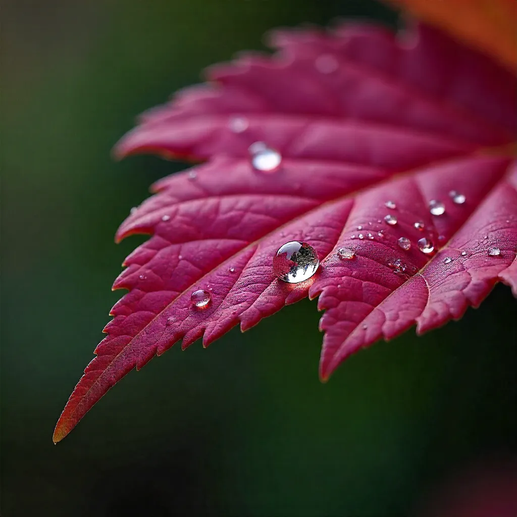 Crimson Leaf Macro: Dew-Kissed Intricacies