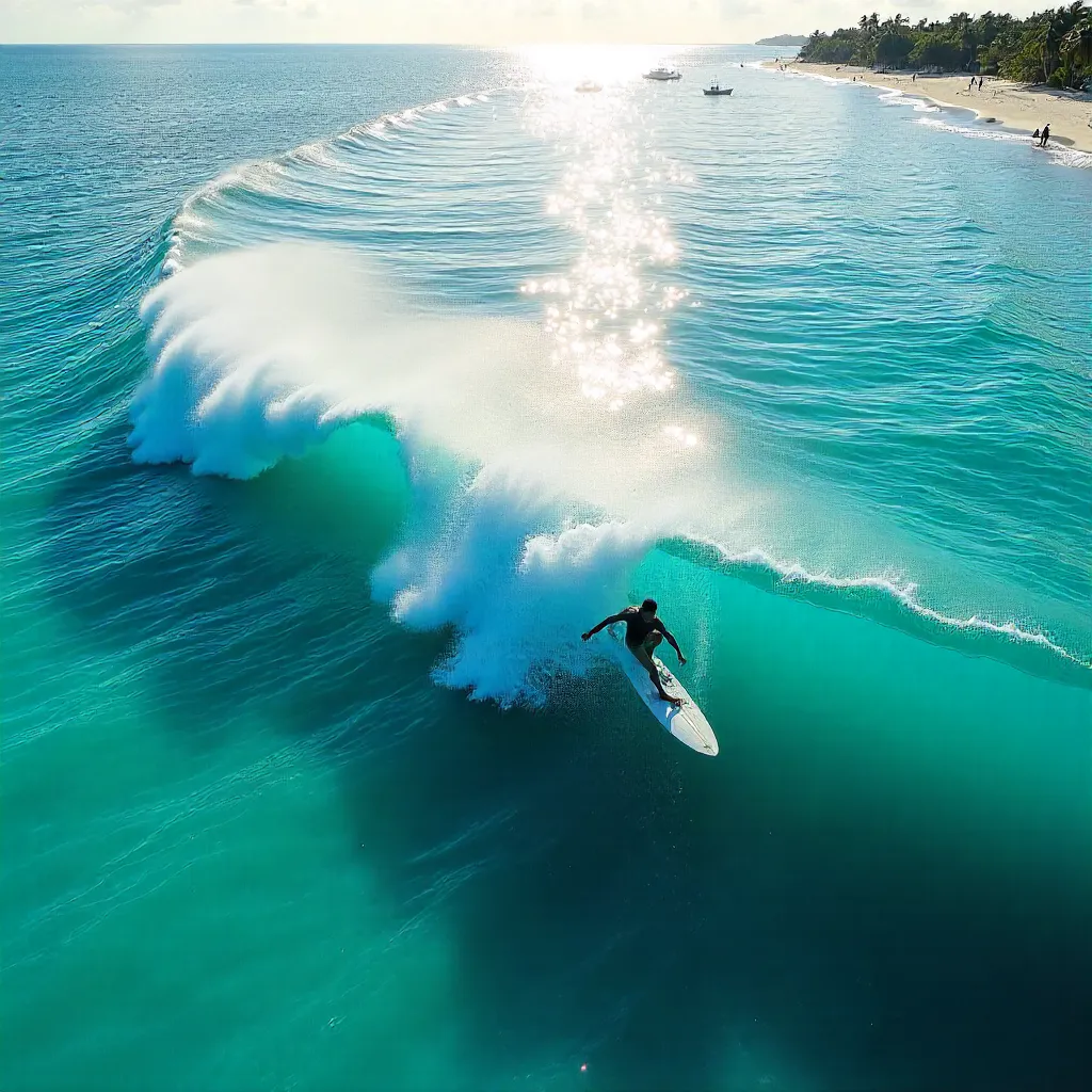 Aerial Surfer Over Bright Maldivian Blues