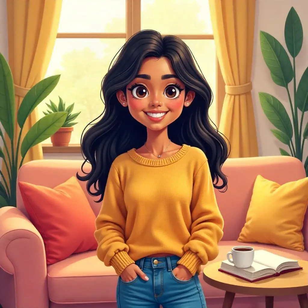 Cozy Cartoon Latina Woman at Home