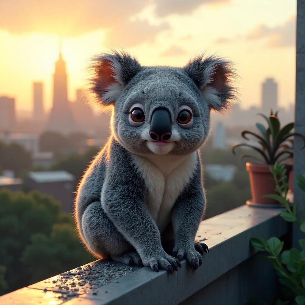 Koala on Rooftop: 3D Render at Sunset