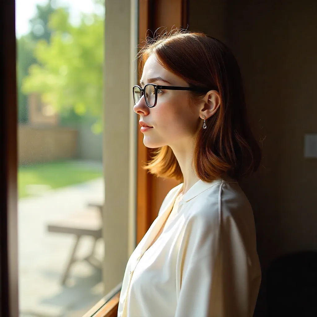 Thoughtful Young Woman at the Window in White Blouse