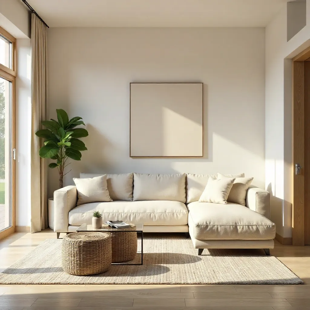 Elegant Minimalist Interior: Beige Sofa and Woven Stools