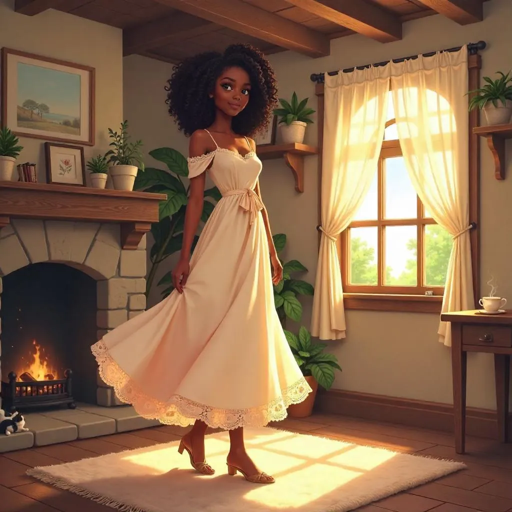 Elegant Black Girl in a Cozy Anime Cottage