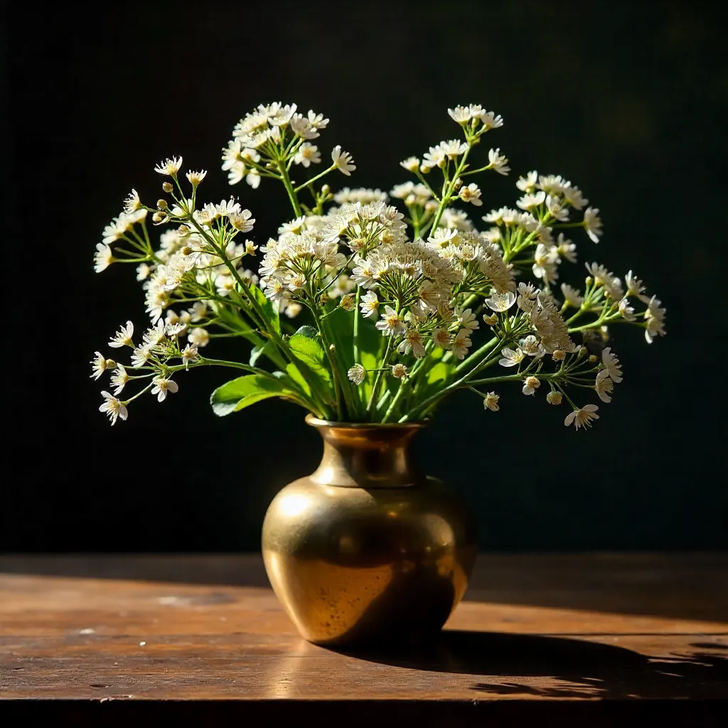 Chiaroscuro Gypsophila in Rustic Brass Vase