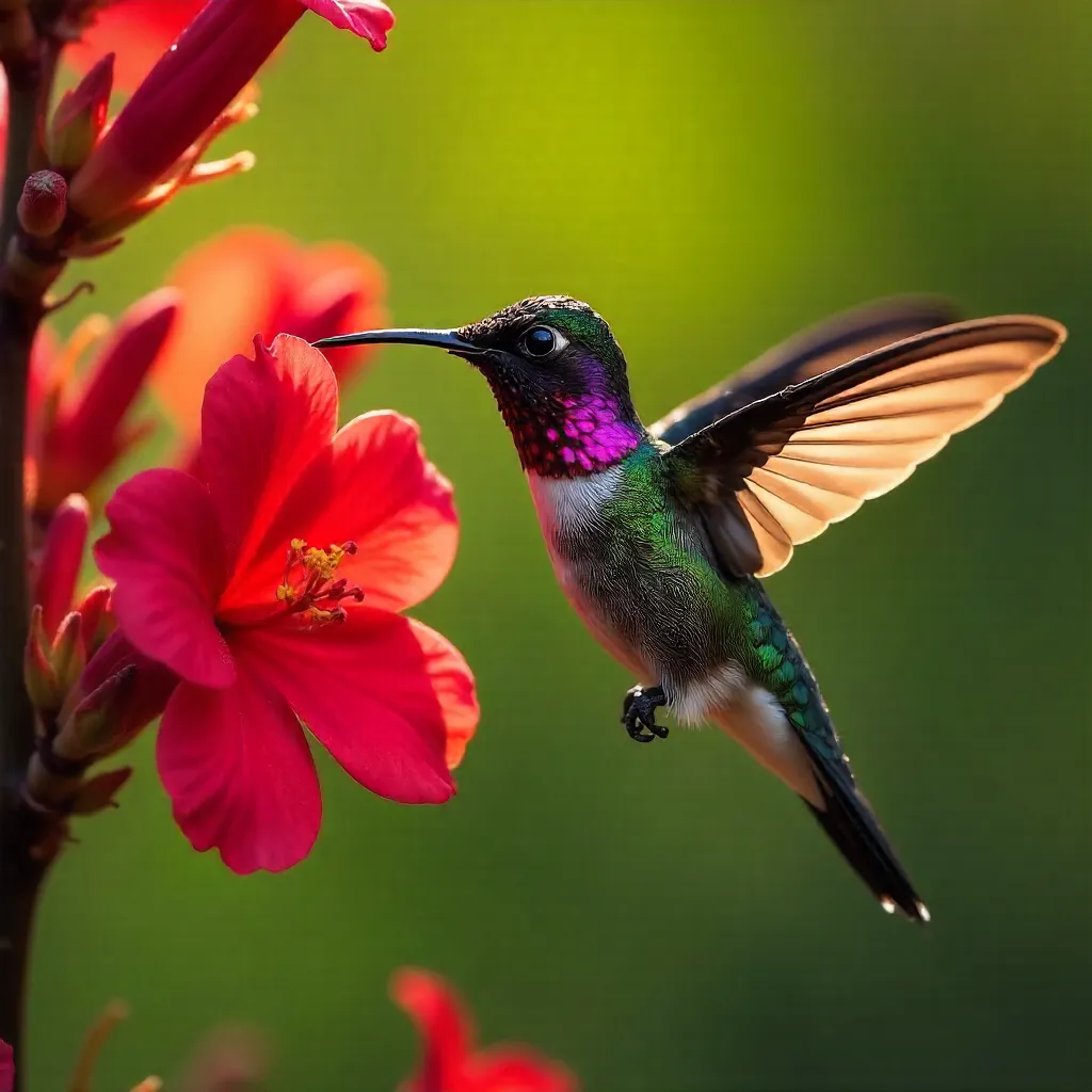 Anna's Hummingbird on Red Garden Blooms