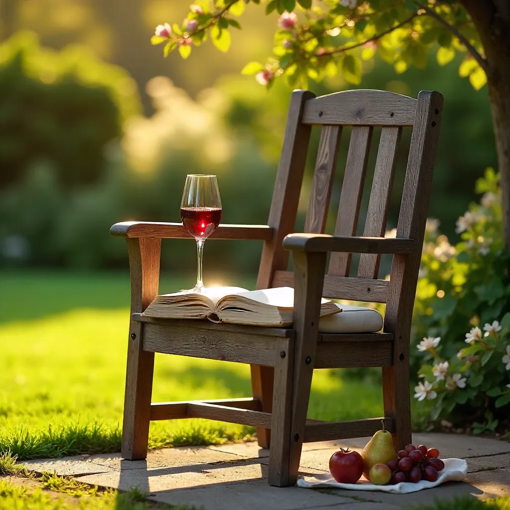 Relaxing Outdoor Chair with Book, Wine, and Fruit