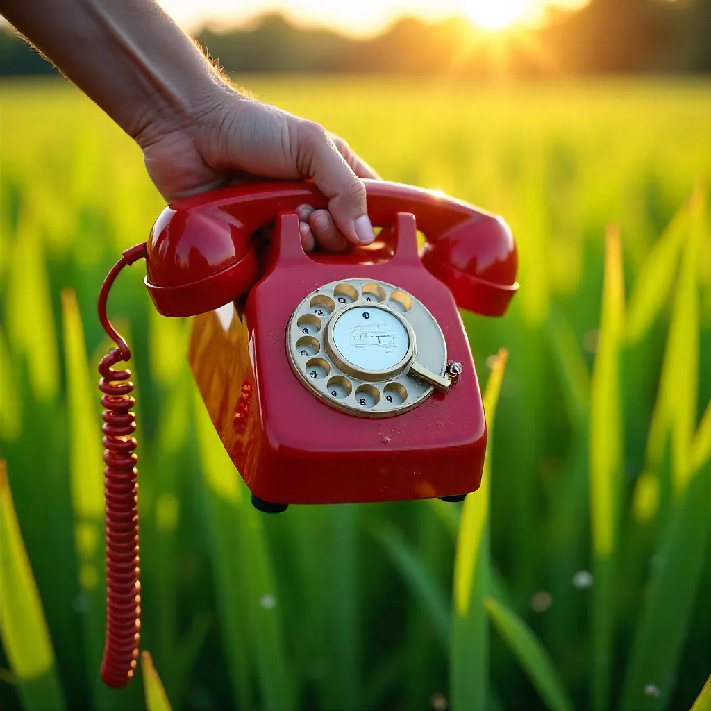 Hand Lifting a Red Rotary Phone in a Green Field