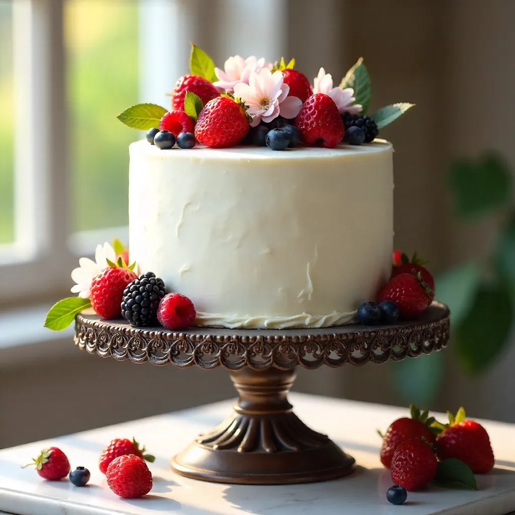 Elegant White Cake on Decorative Stand with Berries