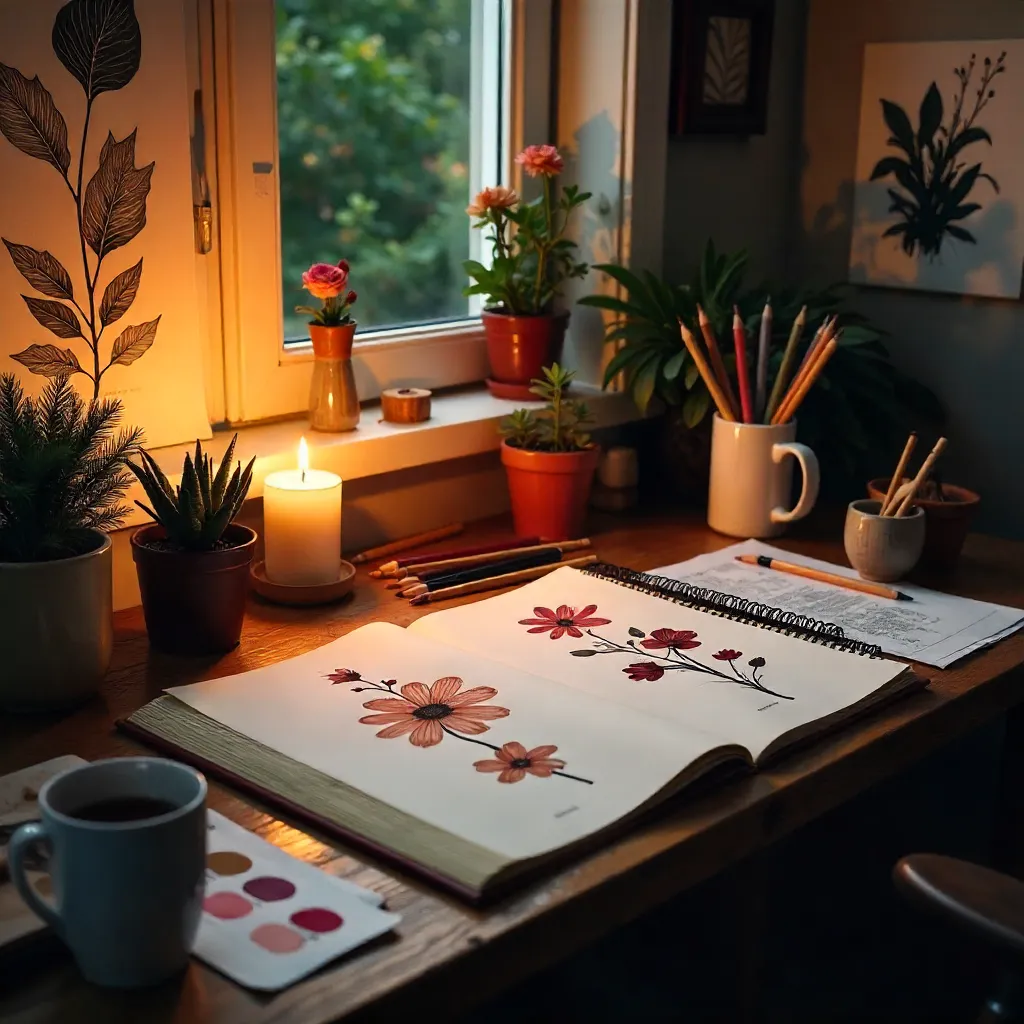 Cozy Candlelit Art Studio with Floral Illustrations