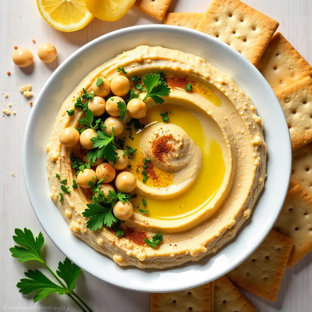 Flat Lay Creamy Hummus with Chickpeas and Crackers