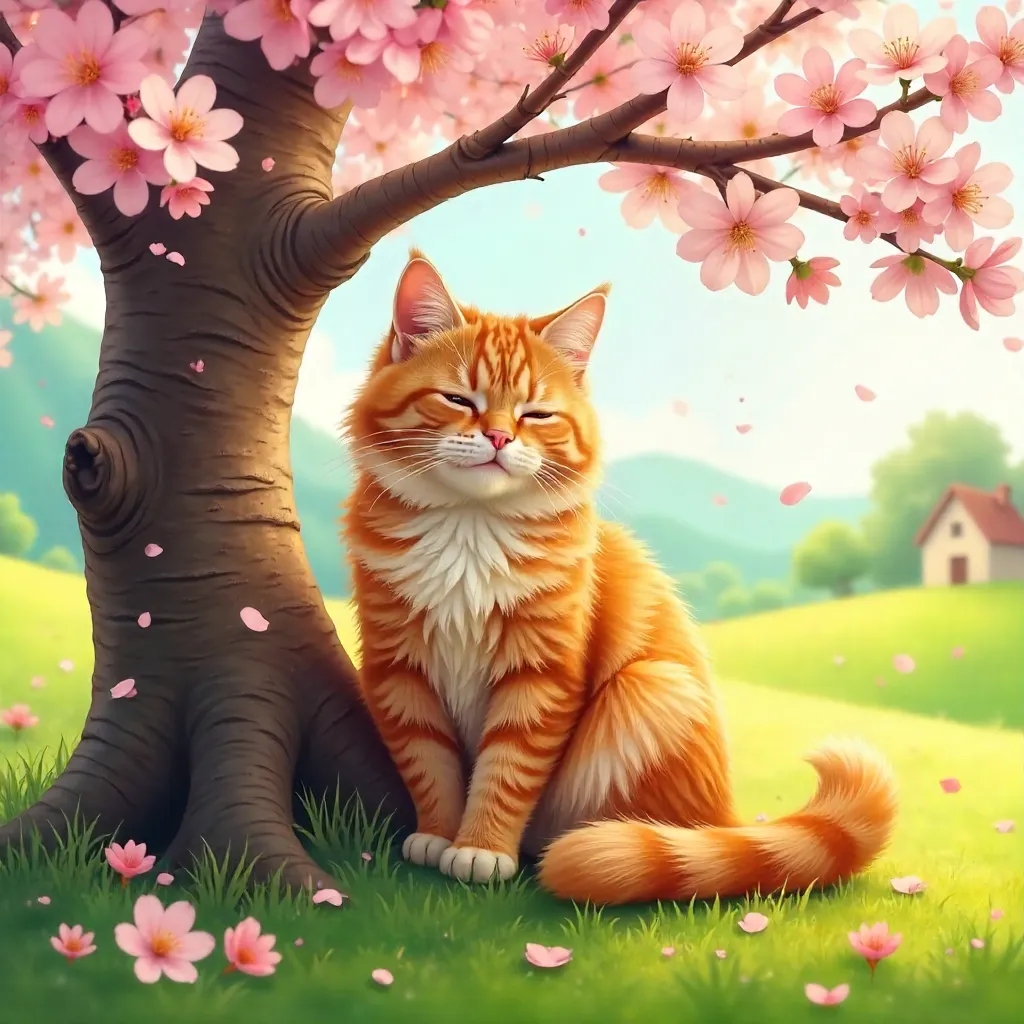Cozy Spring Cat in a Blooming Tree