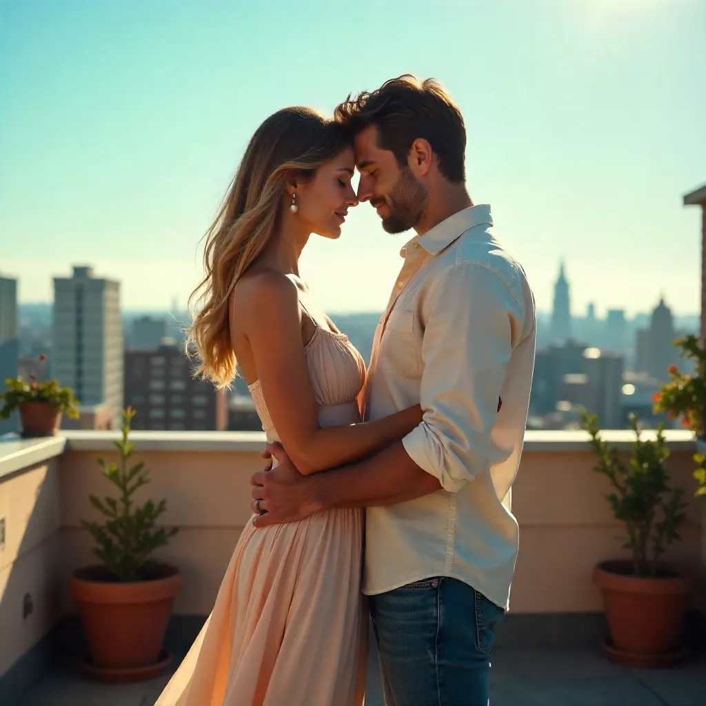 Rooftop Embrace Under a Clear Blue Sky