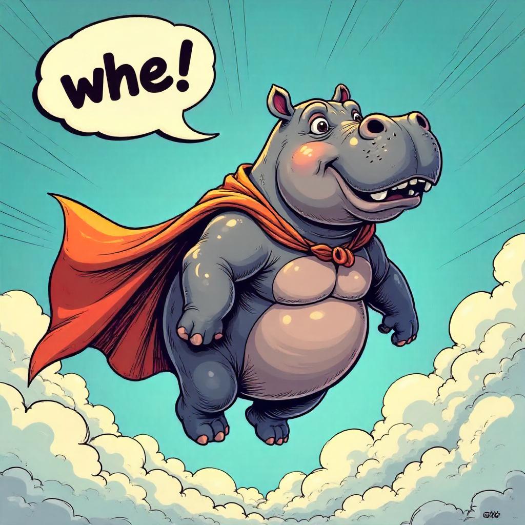 Hippo Superhero Floating through Comic Clouds