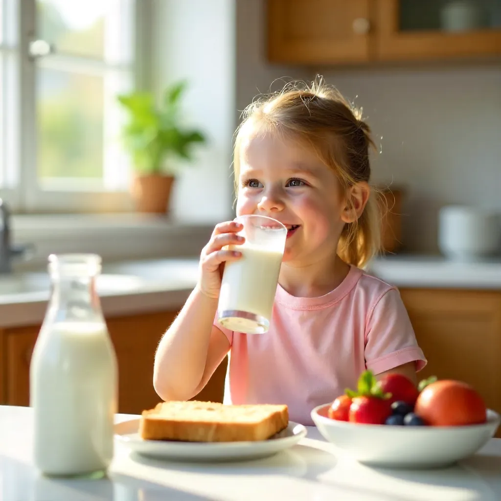 Happy Child Drinking Fresh Milk Indoors