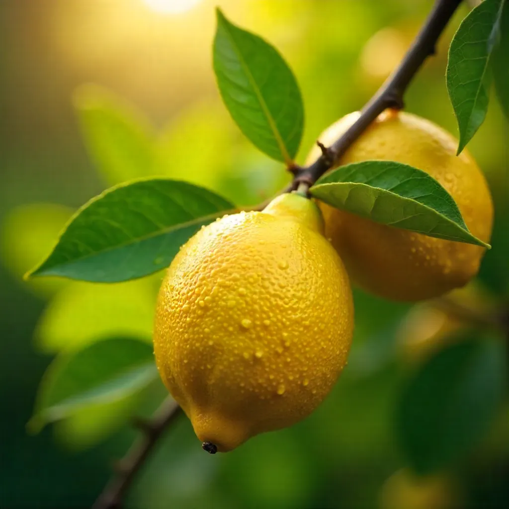 Close-Up Lemons on Branches with Dewy Freshness