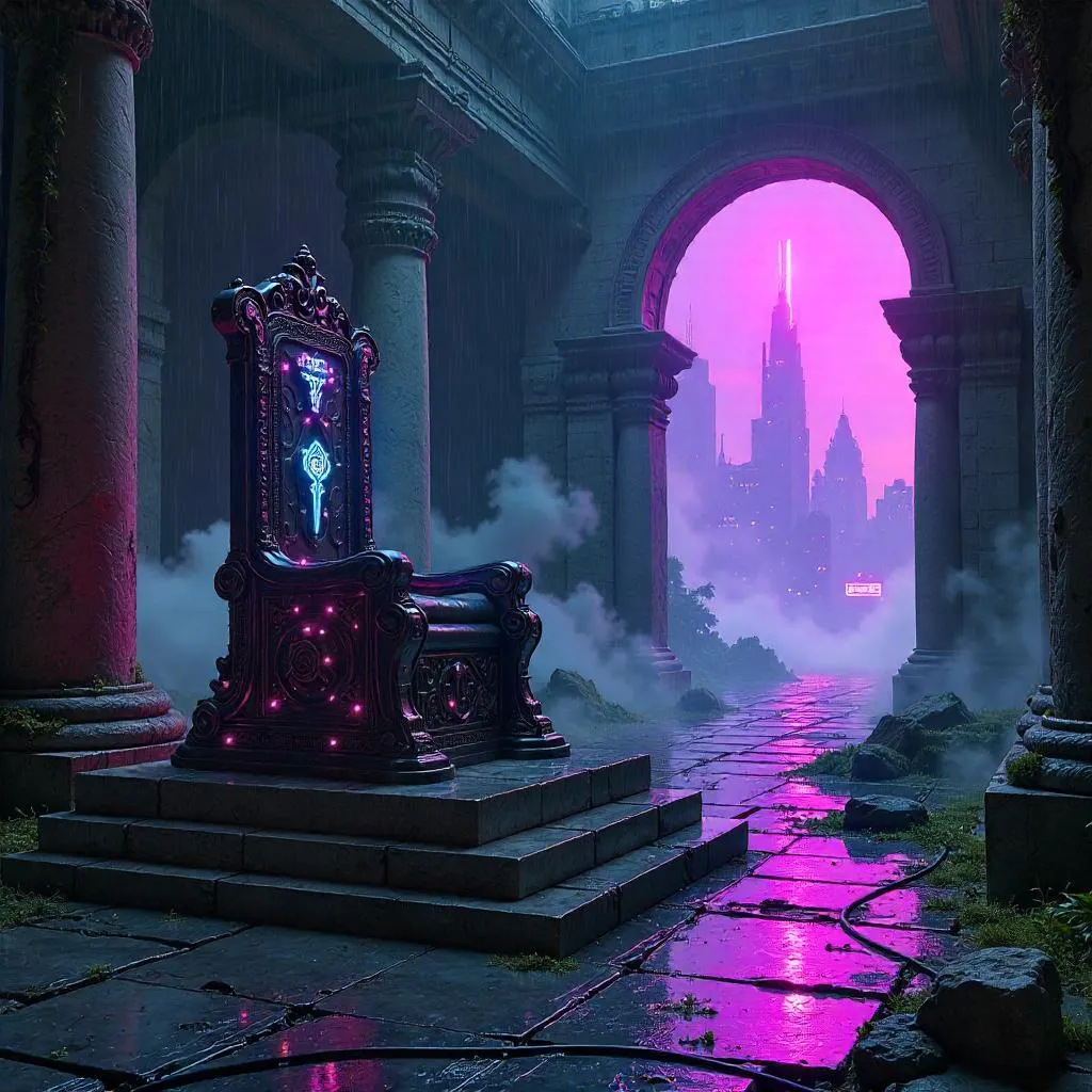 Neon Throne in Ancient Temple Ruins