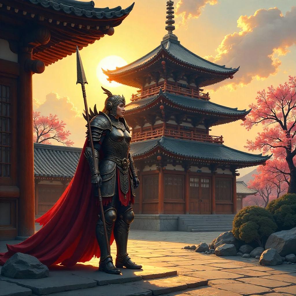 Valkyrie in an Ancient Pagoda: Oil Painting