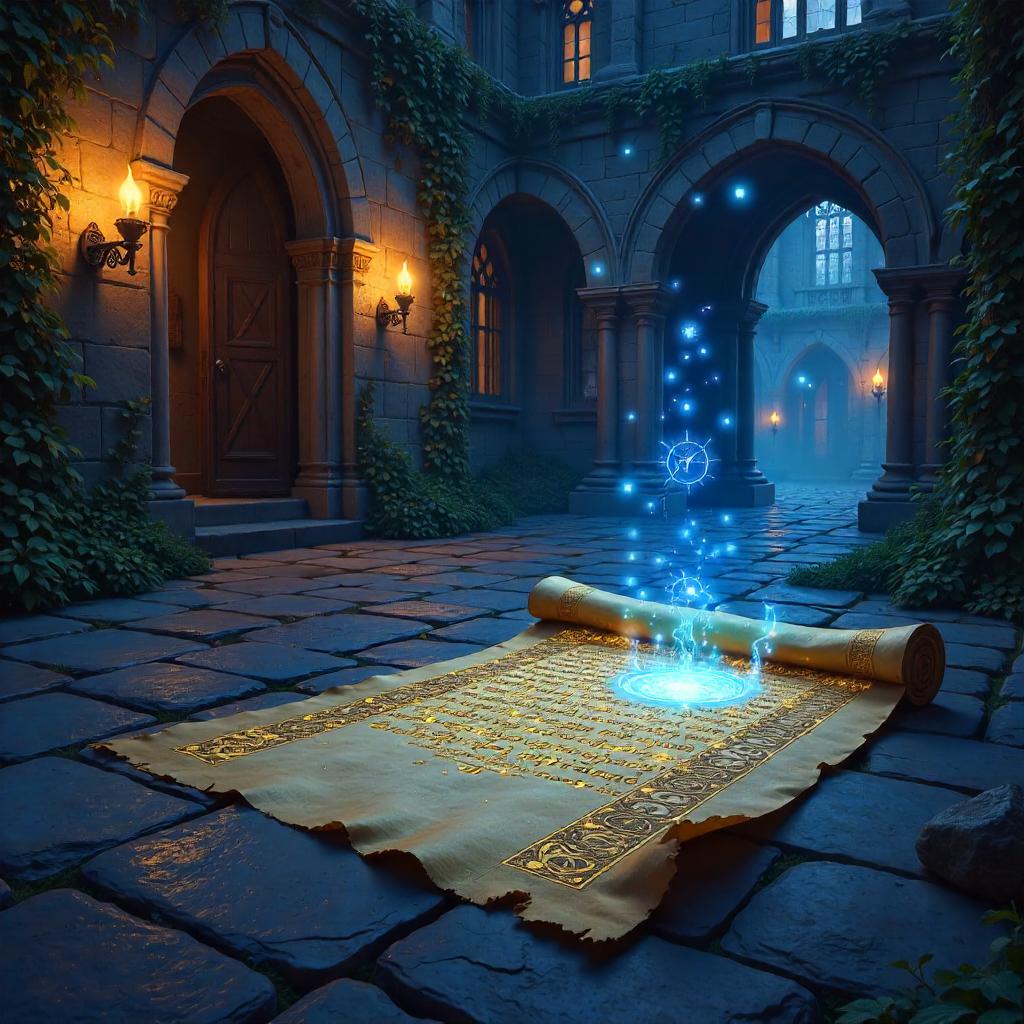 Ancient Scroll in a Castle Courtyard (Digital Art)