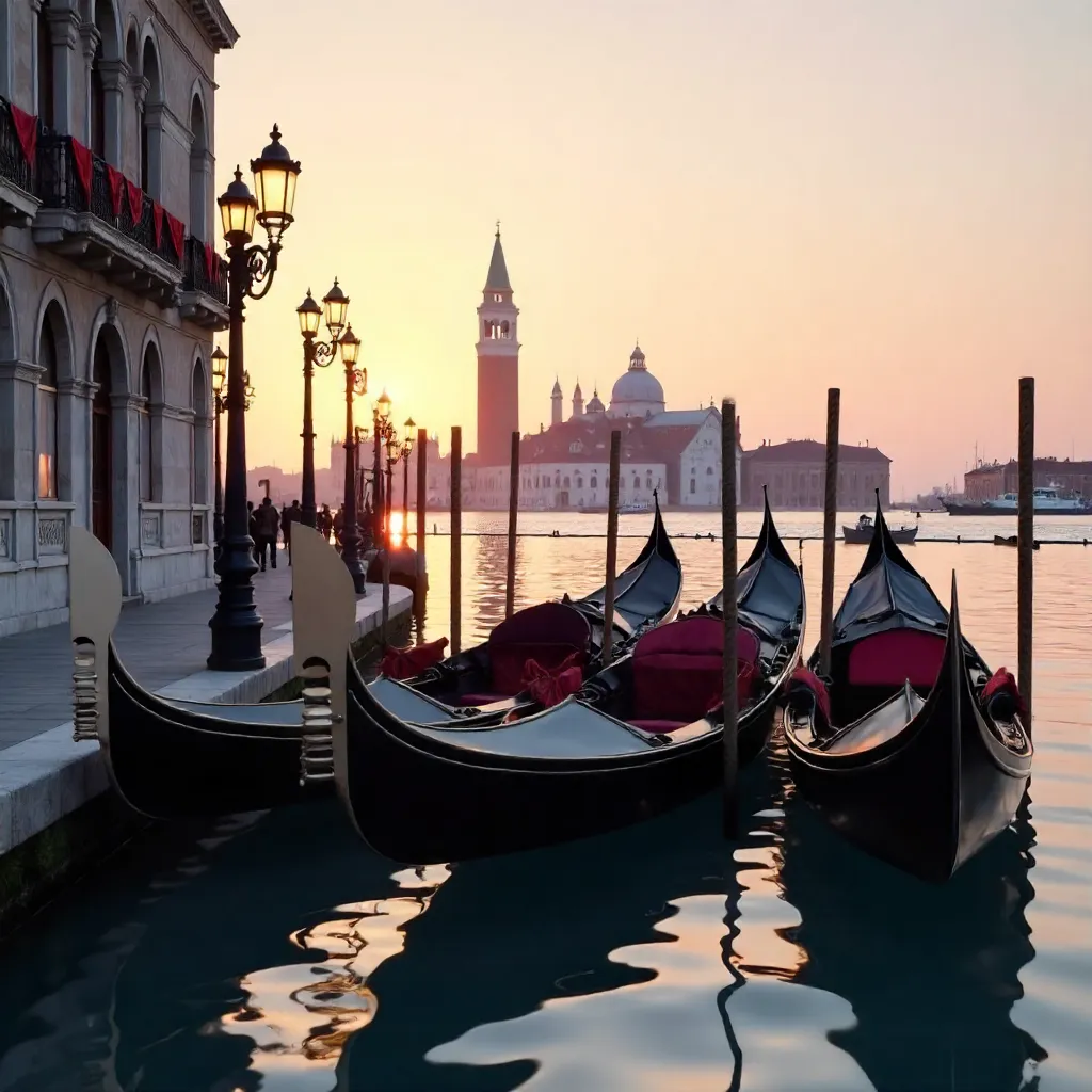 Elegant Gondolas in a Venice Canal at Sunset