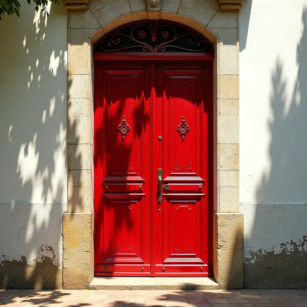 Crimson Wrought Iron Door on White Stucco Wall