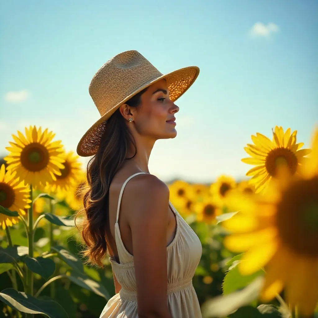 Woman in a Straw Sunhat in a Sunflower Field