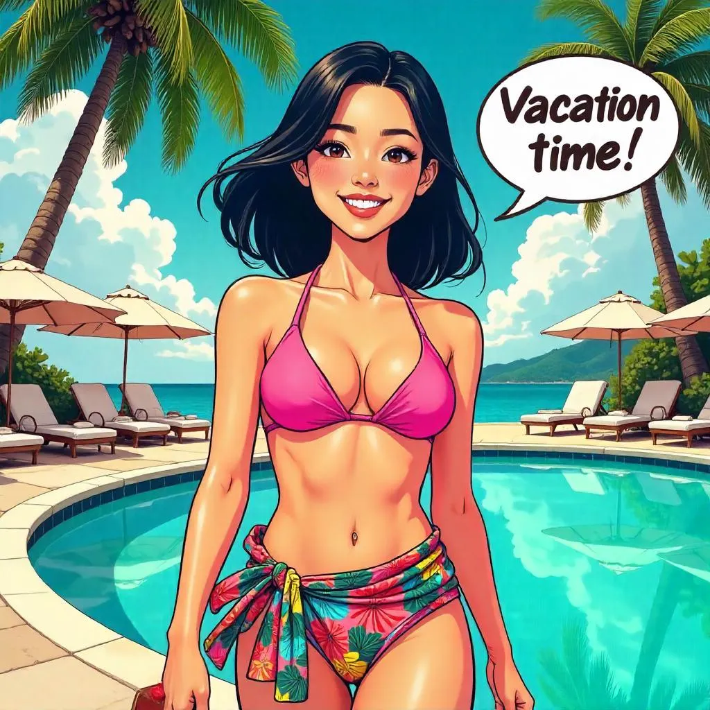 Cheerful Asian Girl at a Resort in Comic-Book Style