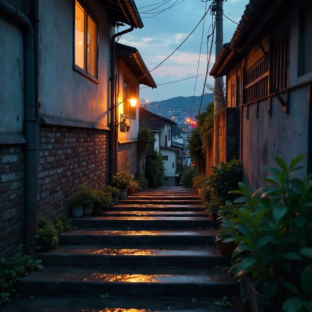 Twilight Stairs to a Seoul Neighborhood House