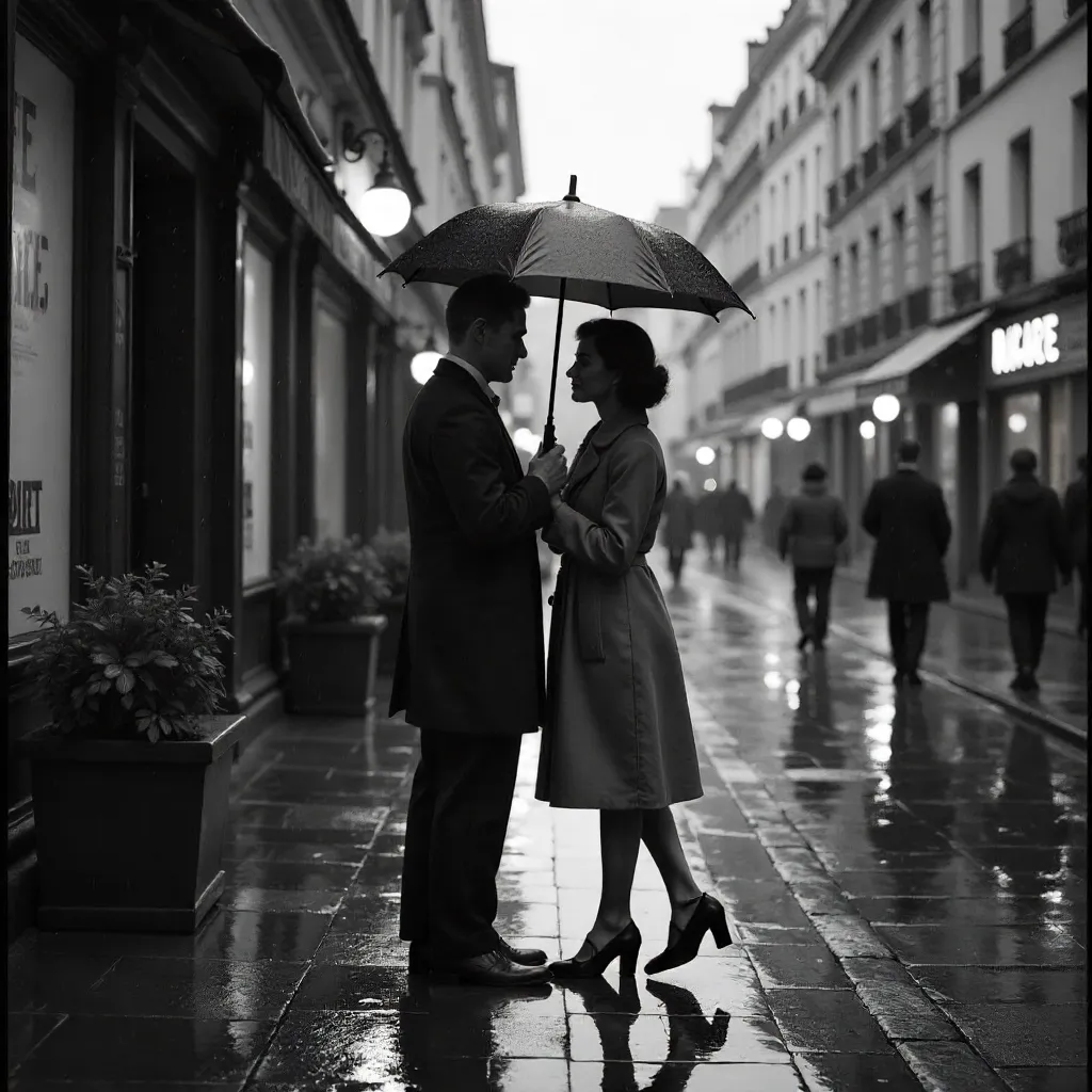 Umbrella in the Rain: A Parisian Couple in B/W