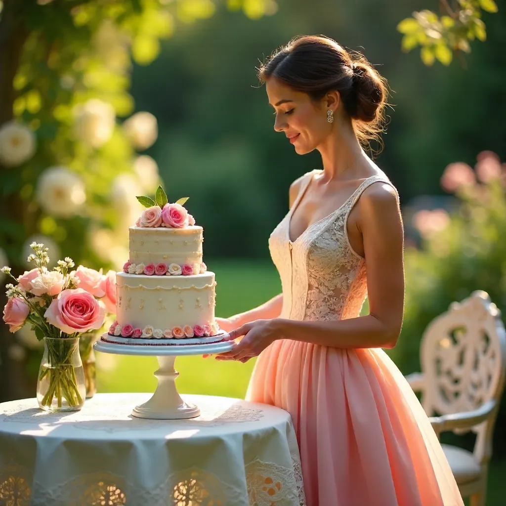 Vintage Dress Celebration with Cake and Flowers