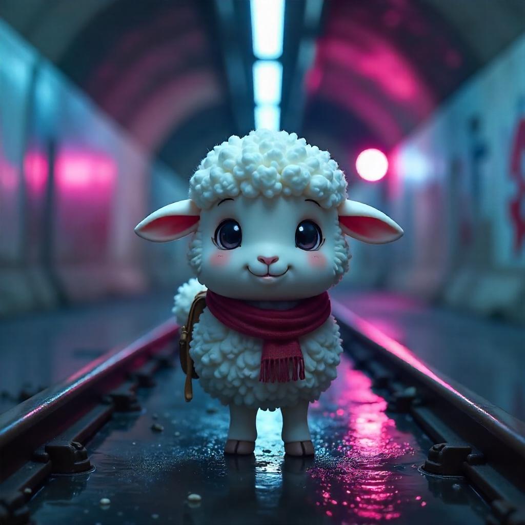 Anime Sheep in a Neon Subway Tunnel